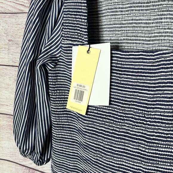 Nation LTD Samira Smocked Tee Navy Stripe Puff Sleeve Top Size Large New - Picture 7 of 12